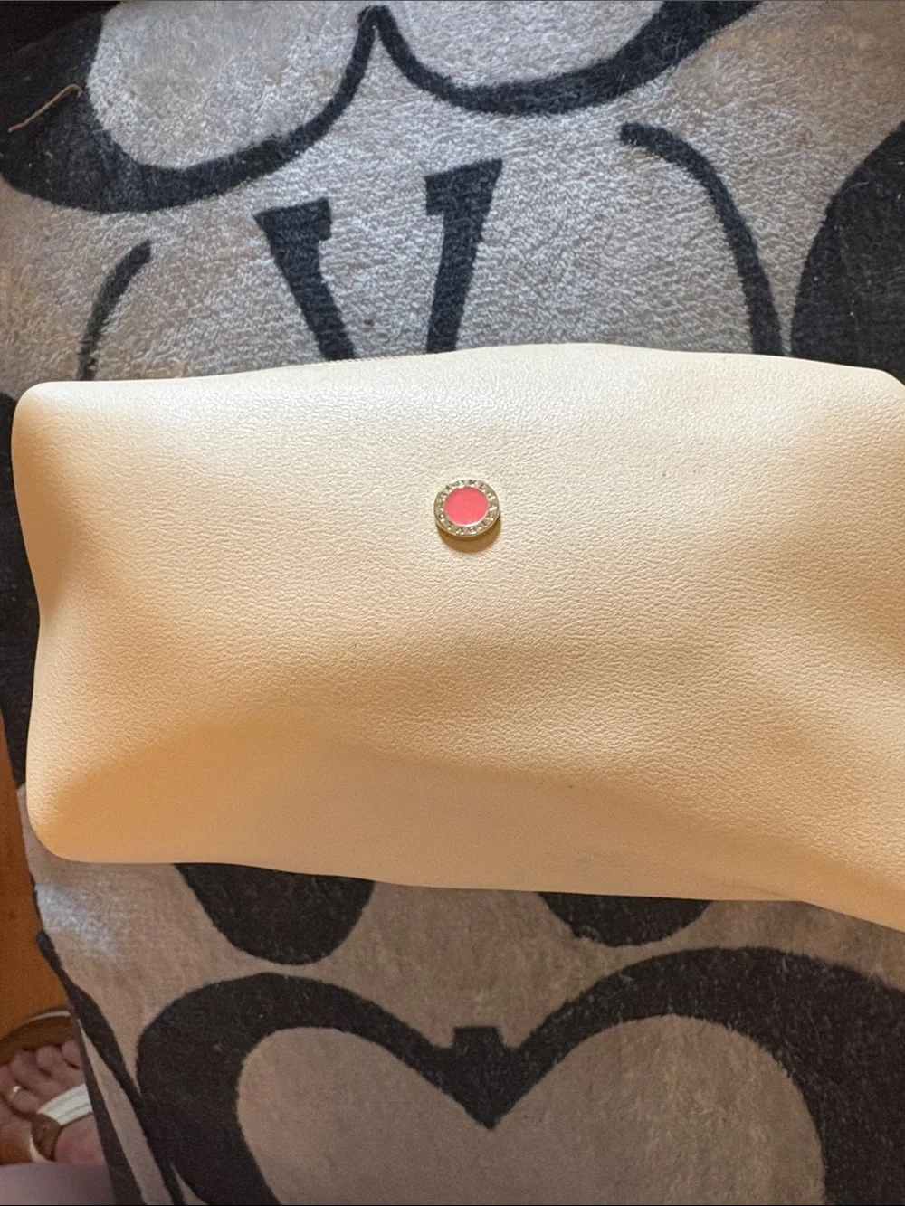 Bulgari Cream Cosmetic Pouch with Pink Accent Medallion